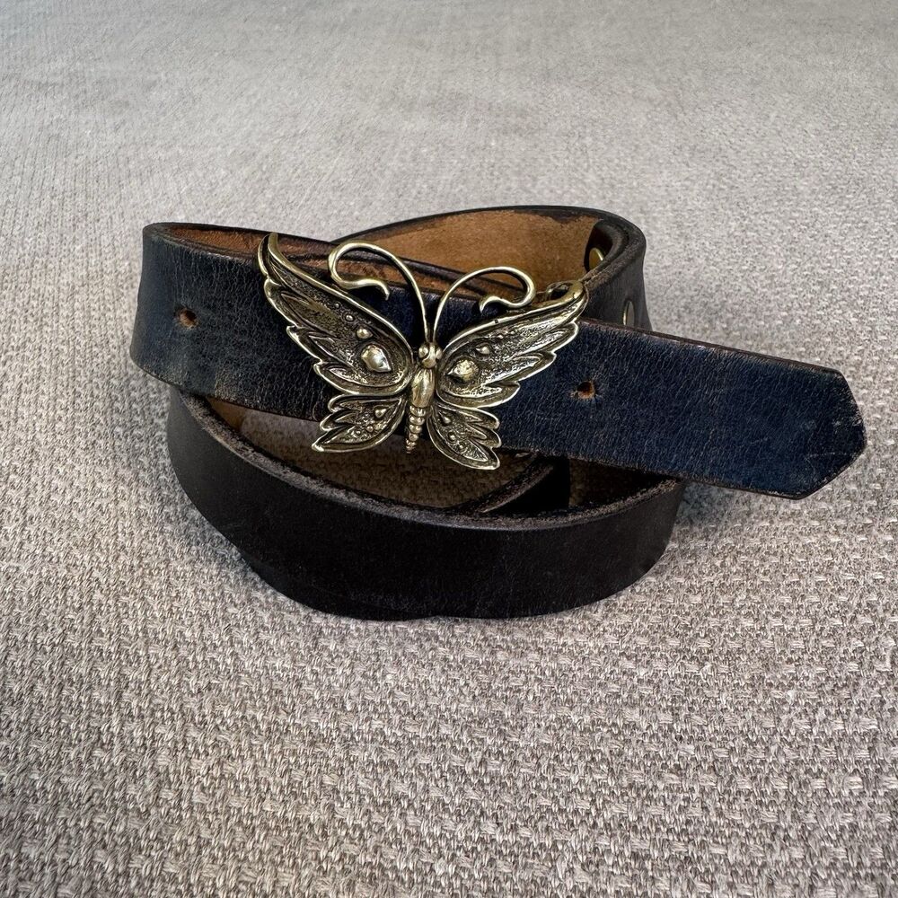 Vintage Brown Leather Belt w/ Solid Brass Butterfly Buckle Sz Small Boho Y2K 523